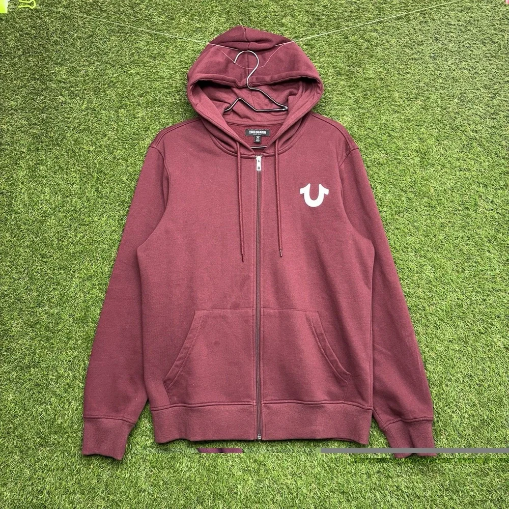 True Religion Hoodie Mens Medium Maroon Core Zip-Up Buddha Streetwear Y2K